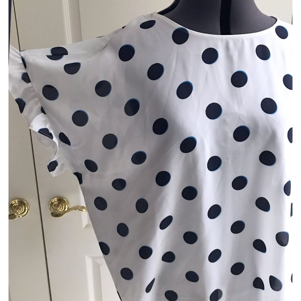 Worthington Flutter Cap Sleeve Round Neck Navy Polka Dot Blouse, Size L - Picture 5 of 15